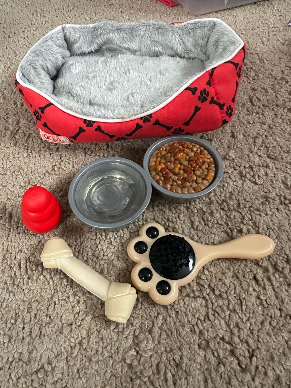 Our Generation Doll Pet Care Play Set with Red Bone Pattern Dog Bed and Accessor